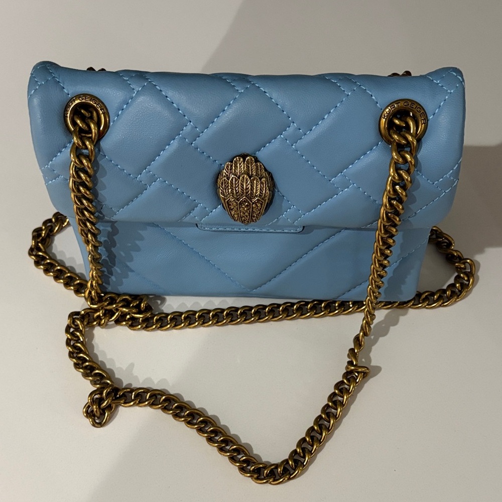 Kurt Geiger Mini Kensington Light Blue Quilted Leather Crossbody with Gold Chain - Picture 13 of 15
